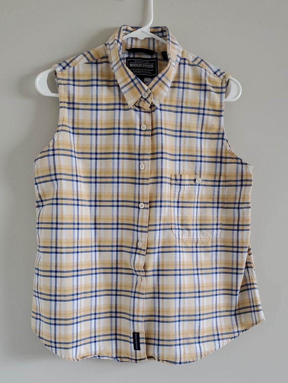 Rough Stock Yellow & Blue Plaid Button-Up Sleeveless Shirt Western Rodeo  Sz L